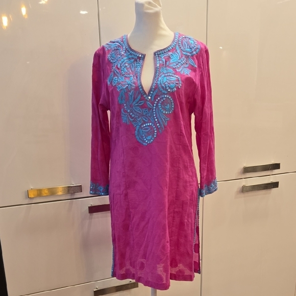 Sulu Collection Sabrina Cotton Boho Embroidered Tunic Pink & Turquoise Size 6 - Picture 1 of 9